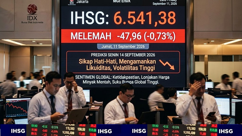 Indeks Harga Saham Gabungan (IHSG) Bursa Efek Indonesia (BEI) kembali ditutup di zona merah, Jumat (11/9/2026), dan diprediksi berpotensi mengalami konsolidasi awal pekan depan. (Foto: AI)