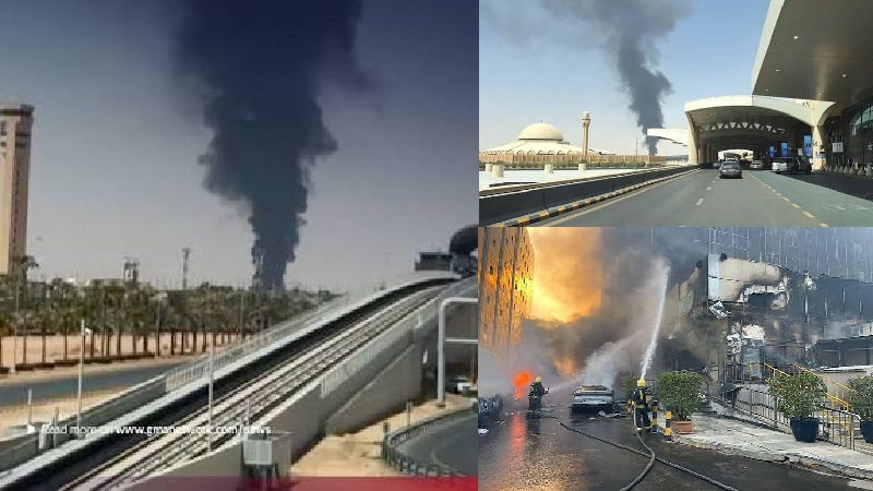 Asap mengepul dan api berkobar di dekat Bandara Utara Riyadh, Sabtu (19/9/2026), setelah Kelompok Houthi mengklaim menyerang ibukota Arab Saudi. (Foto: Istimewa)